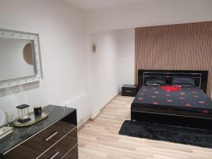 ein Schlafzimmer mit einem Bett, einer Kommode und einem TV in der Unterkunft Appartement Jacuzzi /billard in Voiron