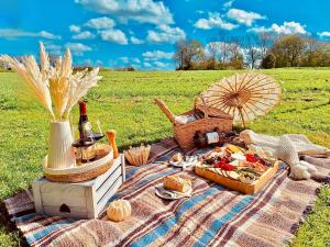 a picnic blanket with a basket of food and an umbrella at Whiskers and Woods Shepherd Hut 