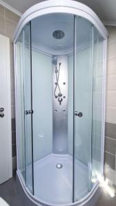 a shower with a glass door in a bathroom at Zenith - Alpine Retreat in Zărneşti
