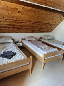 2 Betten in einem Zimmer mit Holzdecken in der Unterkunft Kometer soba in Bovec