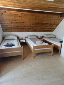 Zimmer mit 2 Betten und Holzdecke in der Unterkunft Kometer soba in Bovec