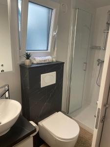 La salle de bains est pourvue de toilettes, d'un lavabo et d'une douche. dans l'établissement mobile home MIRNA, à Biograd na Moru