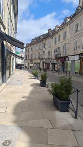 an empty city street with buildings and potted plants at Terre de Bourgogne - Appartement au centre ville d'Avallon in Avallon