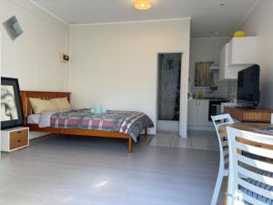 un soggiorno con letto e cucina di epsom tidy white house ad Auckland
