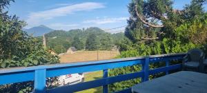 a balcony with a blue railing and a view of a field at Maison de montagne en pleine nature face au Mont Valier in Ercé