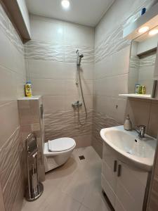 ein Bad mit einer Dusche, einem WC und einem Waschbecken in der Unterkunft Апартамент Божур in Warna