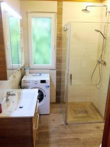 a bathroom with a washing machine and a shower at Ferienhaus Mia im Ferienpark Extertal zwischen Teutoburger Wald und Weserbergland, Natur in Extertal