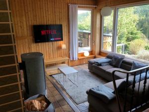 uma sala de estar com um sofá e uma lareira em Chalet BERGglück Willingen em Willingen