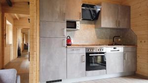 a kitchen with stainless steel appliances and wooden walls at Wellnorama 2 - WellnessFerienhaus mit Pool, Sauna und eigenem Whirlpool mitten in Deutschland in Wasungen