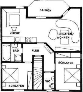 a black and white floor plan of a house at Große Ferienwohnung in Imst mit Balkon und Panoramablick auf die Ötztaler und Pitztaler Alpen in Imst