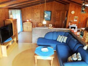 a living room with a blue couch and a tv at Freistehendes Ferienhaus in Rott mit eigenem Garten, schöner Weitblick, Klimaanlage, Sauna und Kamin in Extertal