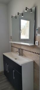 een badkamer met een wastafel en een spiegel bij Chez Valéric in Lunel