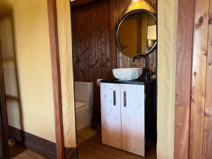 ein Badezimmer mit einem Waschbecken und einem Spiegel auf einem Schrank in der Unterkunft Aurora Escorpião in Burgau