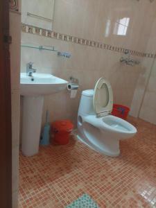 a bathroom with a toilet and a sink at Blue Planet Lodge & Restaurant in Pokhara