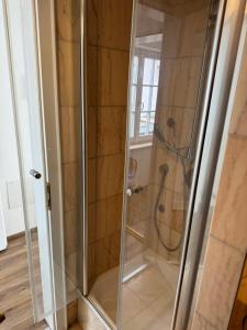 a shower with a glass enclosure in a bathroom at Hotel Seeschau in Reichenau