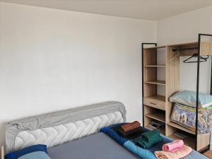 een slaapkamer met een bed en een boekenplank bij F1 équipé avec ascenseur, parking et près des transports in Argenteuil