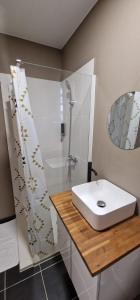 La salle de bains blanche est pourvue d'un lavabo et d'une douche. dans l'établissement JEALYA TOURISTIQUES, à Saint-Laurent du Maroni