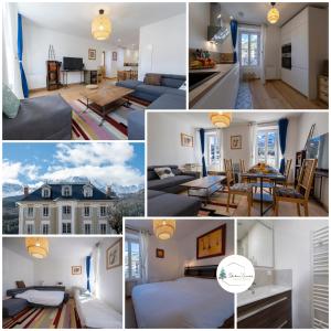 a collage of photos of a bedroom and a living room at Petite Anita - Centre ville - Parking privé in Barcelonnette