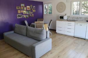 a living room with a couch and a kitchen at Studio charmant au calme in Aix-en-Provence