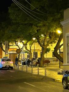 a street at night with cars parked in front of trees at Hotel Los Angeles in Arequipa