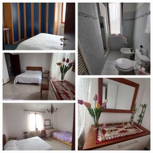 a collage of four pictures of a bedroom and a bathroom at Casa Vacanza Margherita in Minucciano