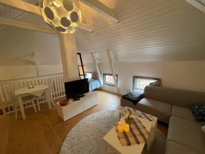ein Wohnzimmer mit einem Sofa und einem TV in der Unterkunft Lilla Saturnus in Ljungskile