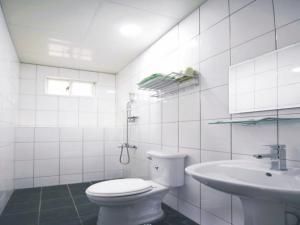 a white bathroom with a toilet and a sink at Double Lake B&B in Zhushan