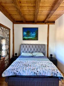 Bett in einem Schlafzimmer mit Holzdecke in der Unterkunft Martina in Cetinje