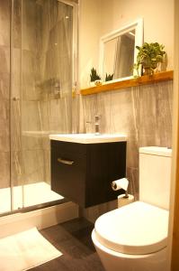 y baño con aseo, lavabo y ducha. en The Hornblower Suite - Yorkshire Accommodates en Ripon