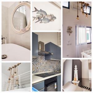 un collage de photos d'une salle de bains dans l'établissement La Perla Blu, à Calasetta