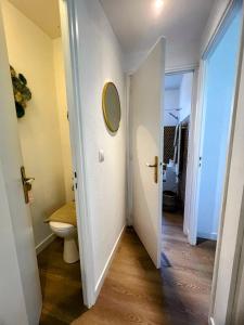 een badkamer met een toilet en een spiegel aan de muur bij Superbe appartement avec Terrasse Jardin et Parking privé in Saint-Tropez