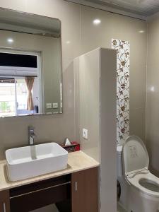 een badkamer met een wastafel, een toilet en een spiegel bij Balangan Surf Resort in Jimbaran