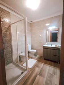 a bathroom with a shower and a toilet and a sink at Casa da Espiga - Alentejo in Trigaches