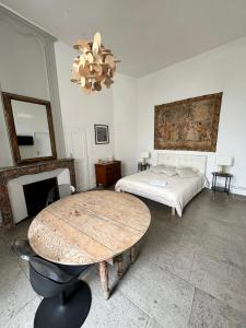 - une chambre avec un lit, une table et un lustre dans l'établissement Jacques III d'aragon, à Montpellier