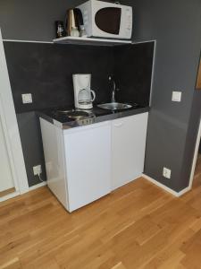 una pequeña cocina con fregadero y microondas en Afrodite Rooms, en Naantali
