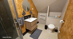 a bathroom with a sink and a toilet and a mirror at MADAME in Clérey +17 photos