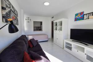 een woonkamer met een bank en een flatscreen-tv bij Apartamento muy cerca del mar, piscina, a/a, wifi y garaje. in Benicàssim