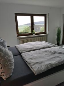 Cama en habitación con ventana en Sabrina's Ferienwohnung, en Hammelburg