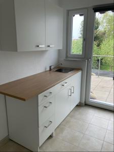 uma cozinha com armários brancos, um lavatório e uma janela em Appartment23 em Karlsruhe