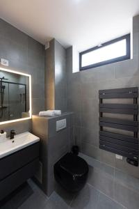 baño con aseo negro y lavamanos en Appart luxueux hyper-centre/15mn Fontainebleau, en Montereau-Fault-Yonne