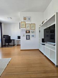 a living room with a television and a white wall at Apartman ured Tanja, Iver in Sesvete