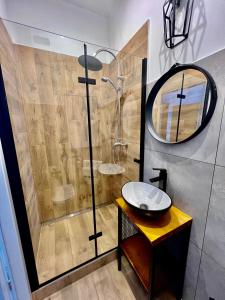 a bathroom with a shower with a sink and a mirror at LOFT Słowackiego in Wałbrzych