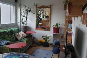 ein Wohnzimmer mit einem Sofa und einem Spiegel in der Unterkunft Chambre atypique avec miroirs ds Logement entier in Villeurbanne