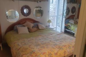 ein Schlafzimmer mit einem Bett und zwei Spiegeln an der Wand in der Unterkunft Chambre atypique avec miroirs ds Logement entier in Villeurbanne