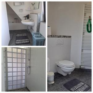 Trois photos d'une salle de bains avec toilettes et lavabo dans l'établissement Am Mariental 11, à Hankensbüttel