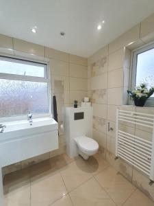 a bathroom with a toilet and a sink and a window at 2. Comfy Professional Room [ NHS & TRADES welcome] Beds , Milton Keynes & Silverstone in Luton