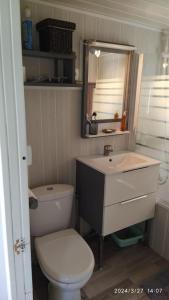 een kleine badkamer met een toilet en een wastafel bij Chalet/Mobilhome Domaine des Canebières (Var) in Le Muy
