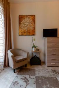 a living room with a chair and a television at Montellinos Suite Tortora in SantʼAntìoco