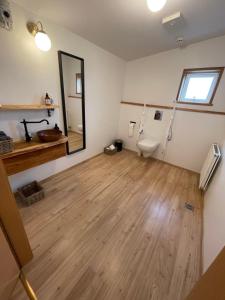 a bathroom with a toilet and a sink and a mirror at Helja Stay Glamping Domes in Hella