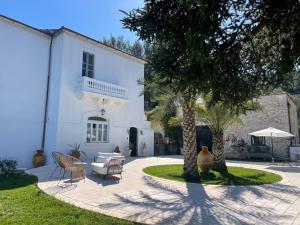 a white house with two palm trees and a patio at Novecento Country House in Vieste